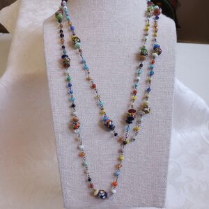 48in Vintage Art Deco Czech Rainbow End of Day Glass Bead Link Chain Necklace